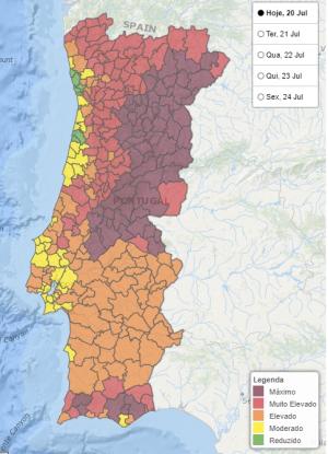 Incêndios: Portugal continental quase todo em risco máximo, muito elevado e elevado